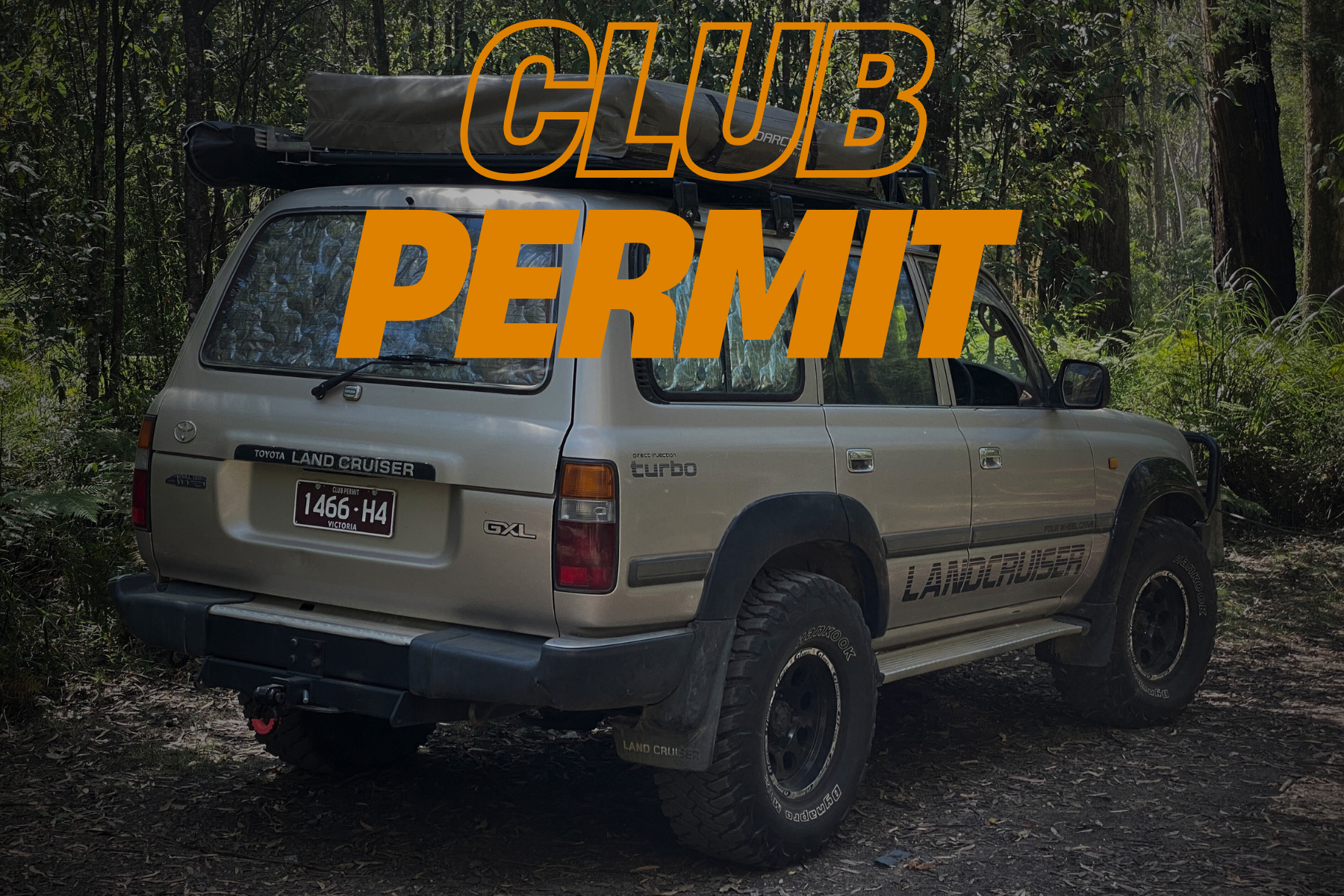 Beige Land Cruiser in a forest with 'Club Permit' text overlay