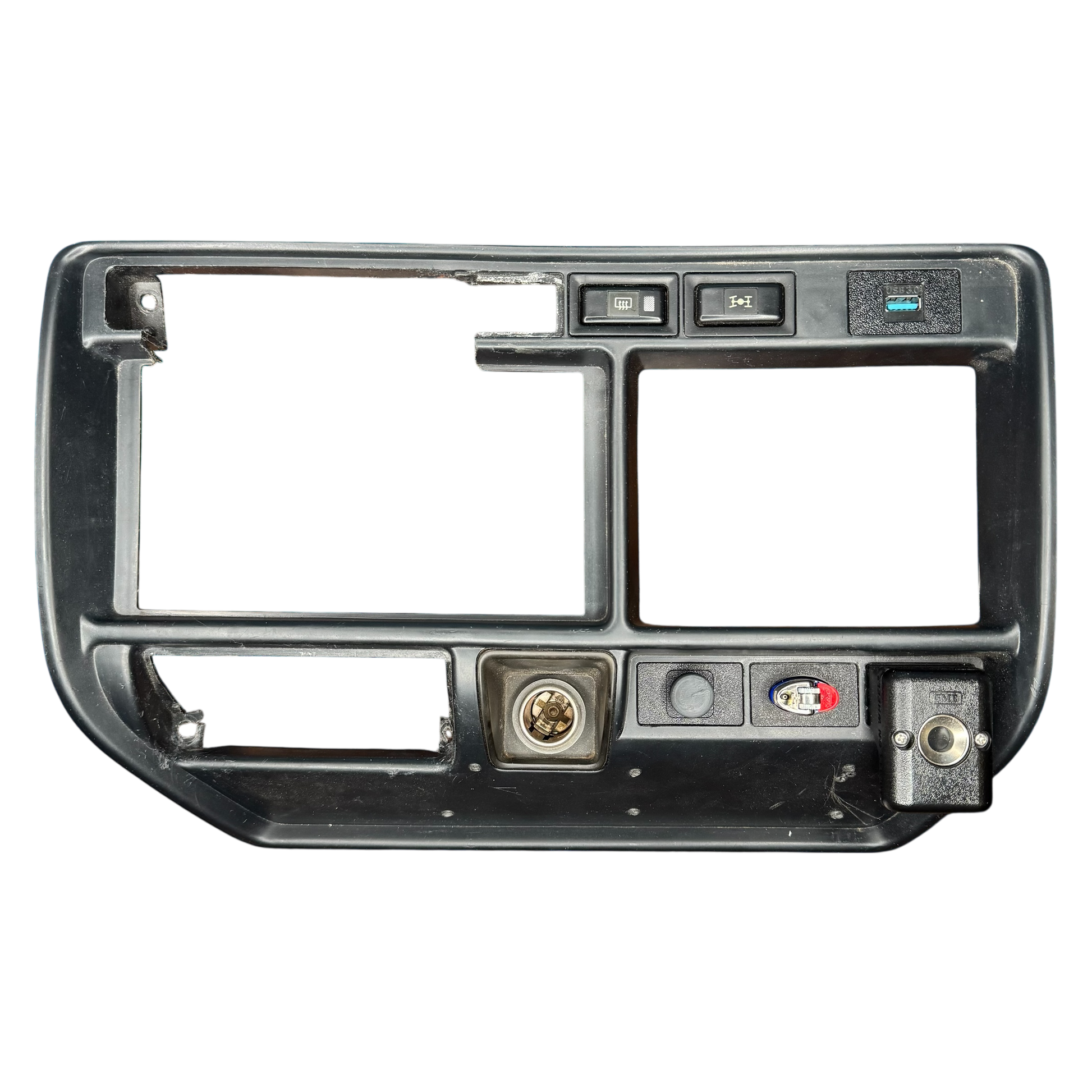 Car stereo dashboard panel showing a smoke holder and lighter holder