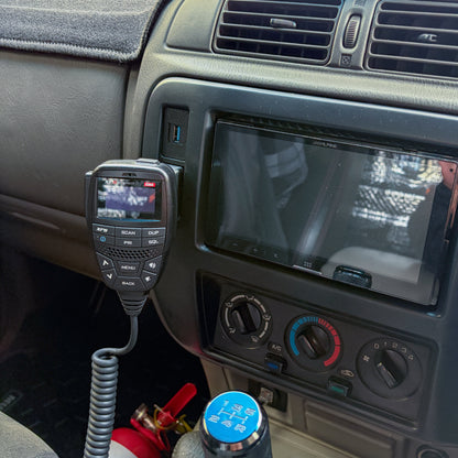 Nissan Patrol GU Series 1-3 UHF mount installed to GU Patrol radio trim installed in car with GME XRS radio mounted