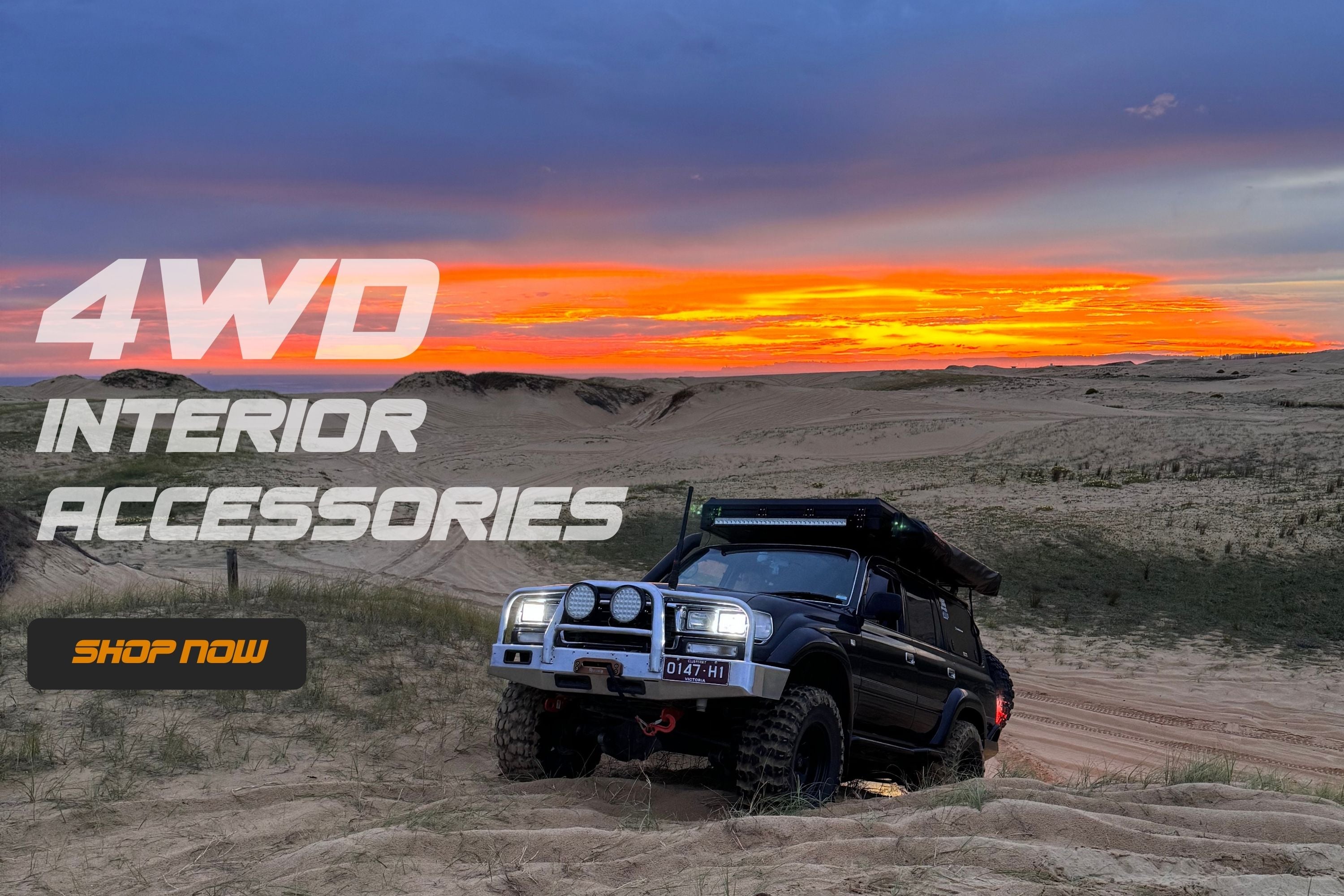 4WD vehicle Toyota Landcruiser 80 Series on the beach with sunset and '4WD Interior Accessories' text overlay.
