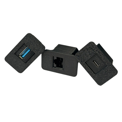 Nissan Patrol GQ USB-A pass through, USB-C pass through and RJ45 UHF pass through uninstalled shown beside eachother.