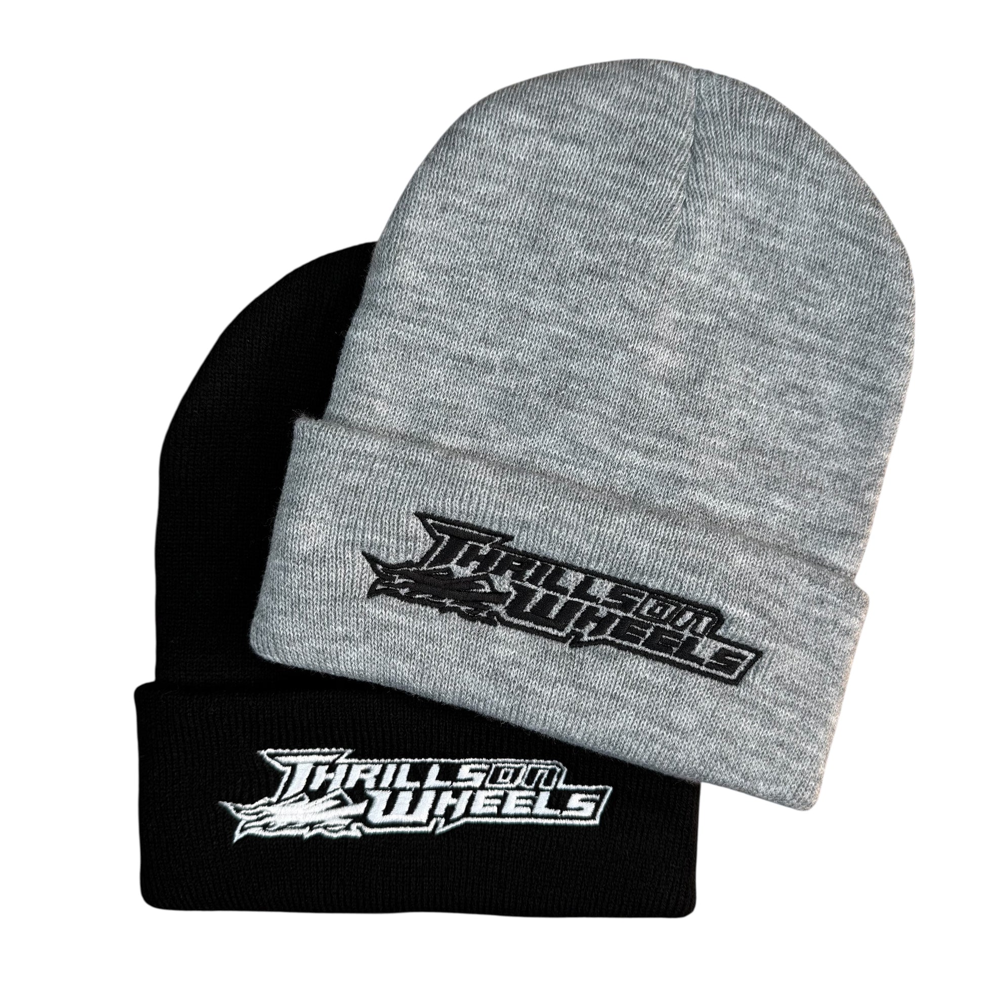 Thrills on wheels beanies shown in black and grey options