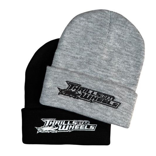 Thrills on wheels beanies shown in black and grey options