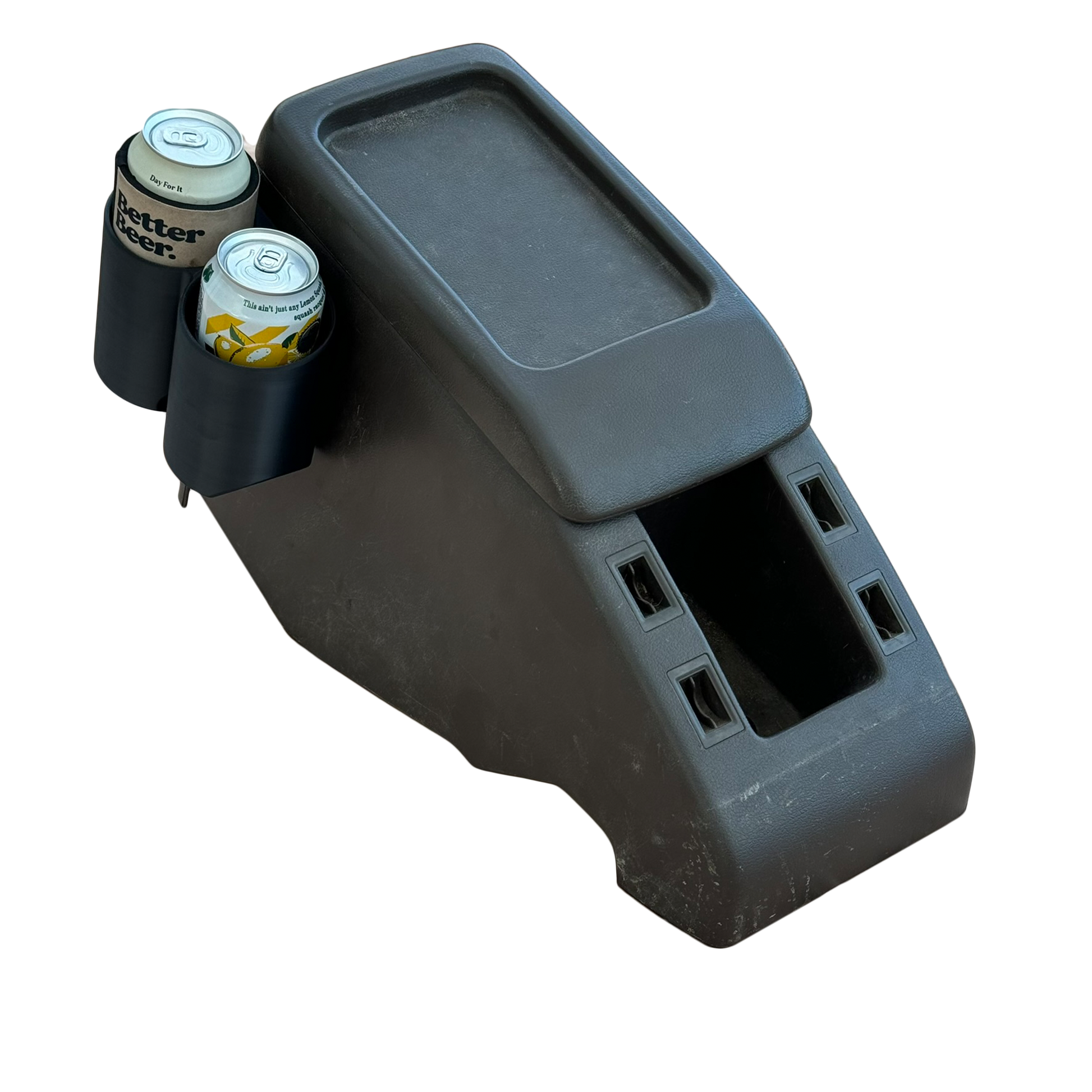 Toyota Landcruiser 80 Series black double cup holder mounted to brown centre console side view