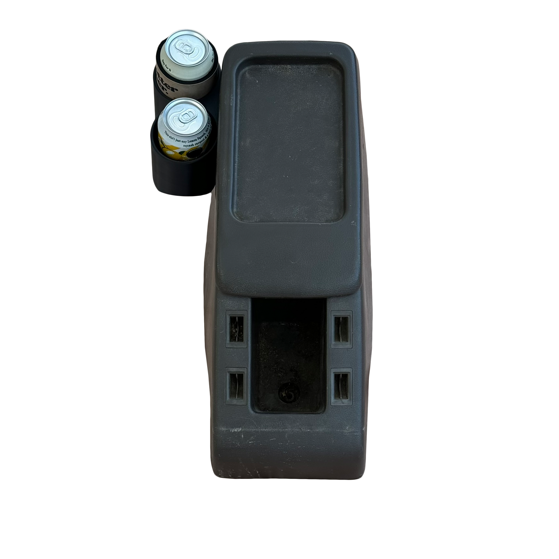 Toyota Landcruiser 80 Series black double cup holder mounted to brown centre console top view