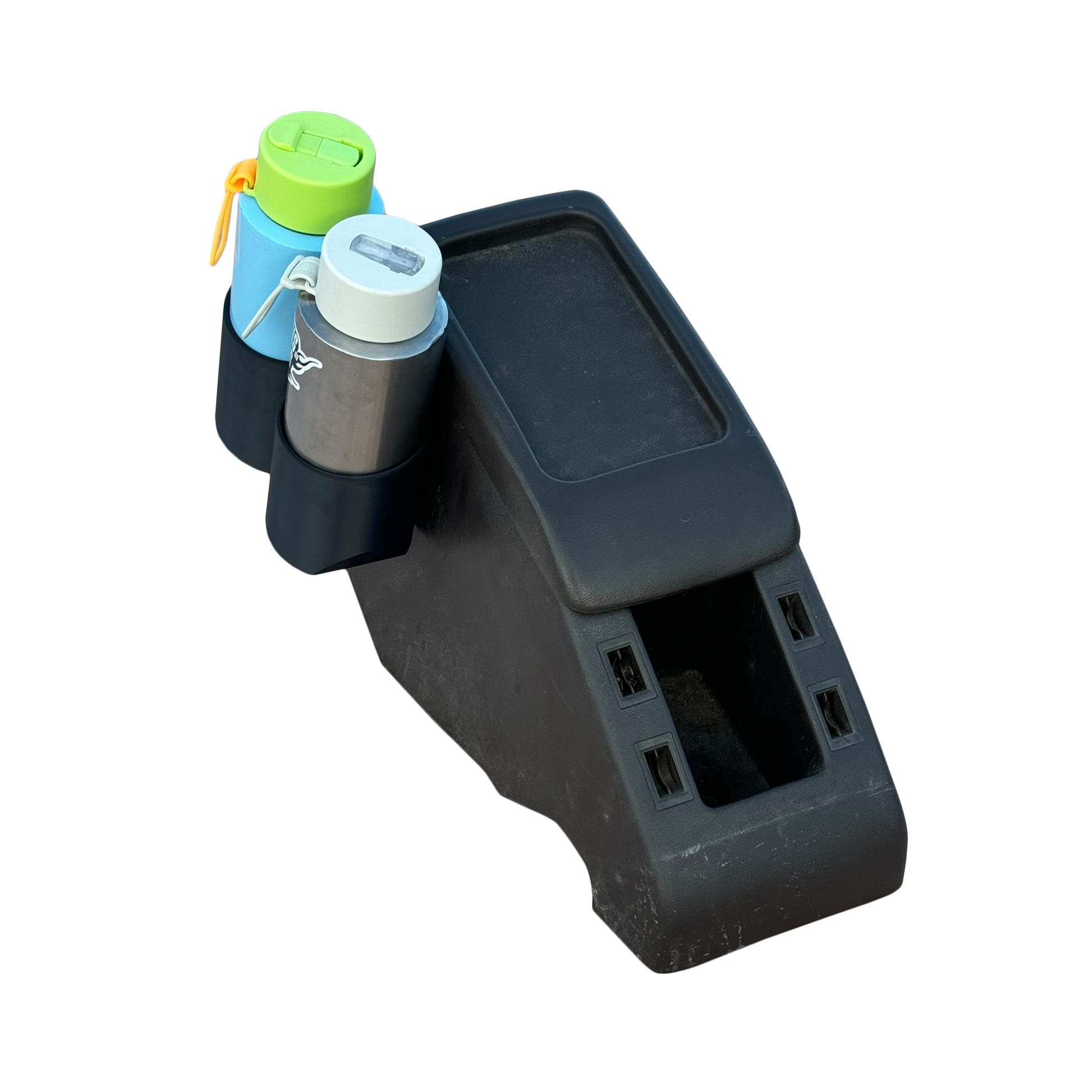 Toyota Landcruiser 80 Series black large double cup holder on brown centre console top view